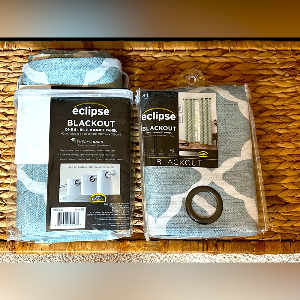 Two Eclipse Teal and White Blackout Curtain Panels - NEW